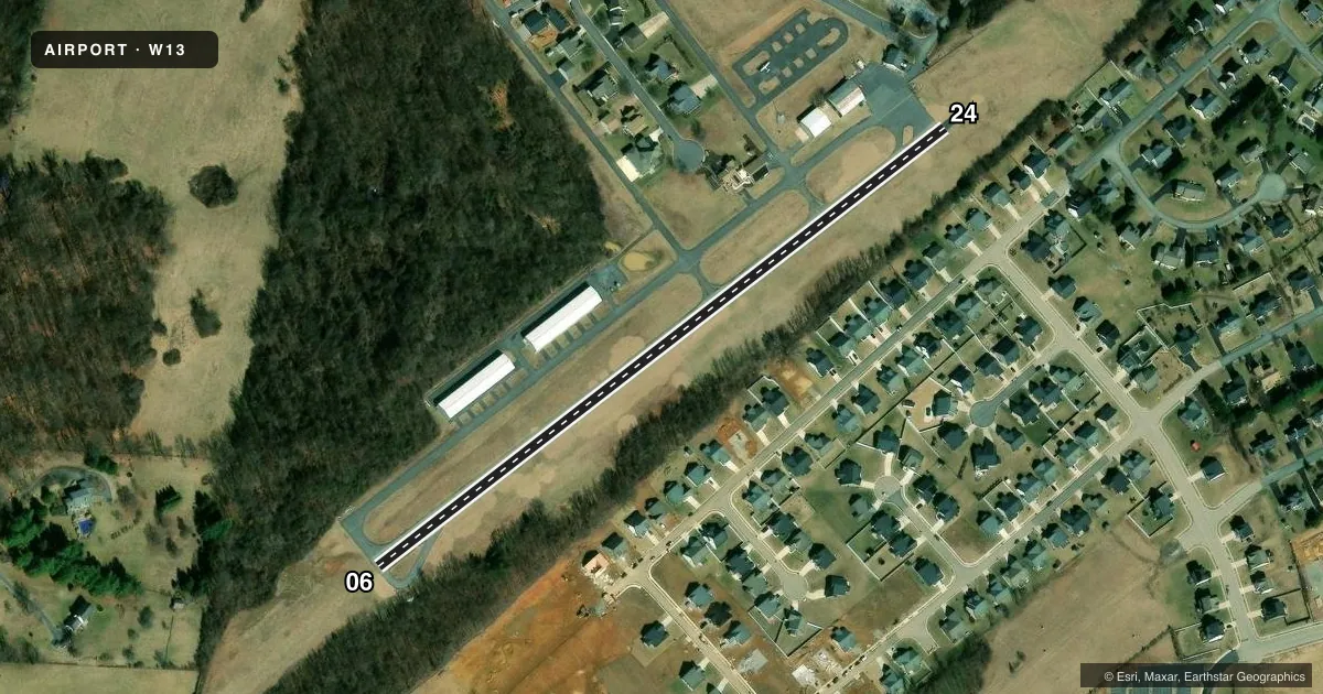 Top-down satellite sketch of W13 EAGLE'S NEST in WAYNESBORO, VIRGINIA, showing runways 06/24 drawn to scale over Esri World Imagery