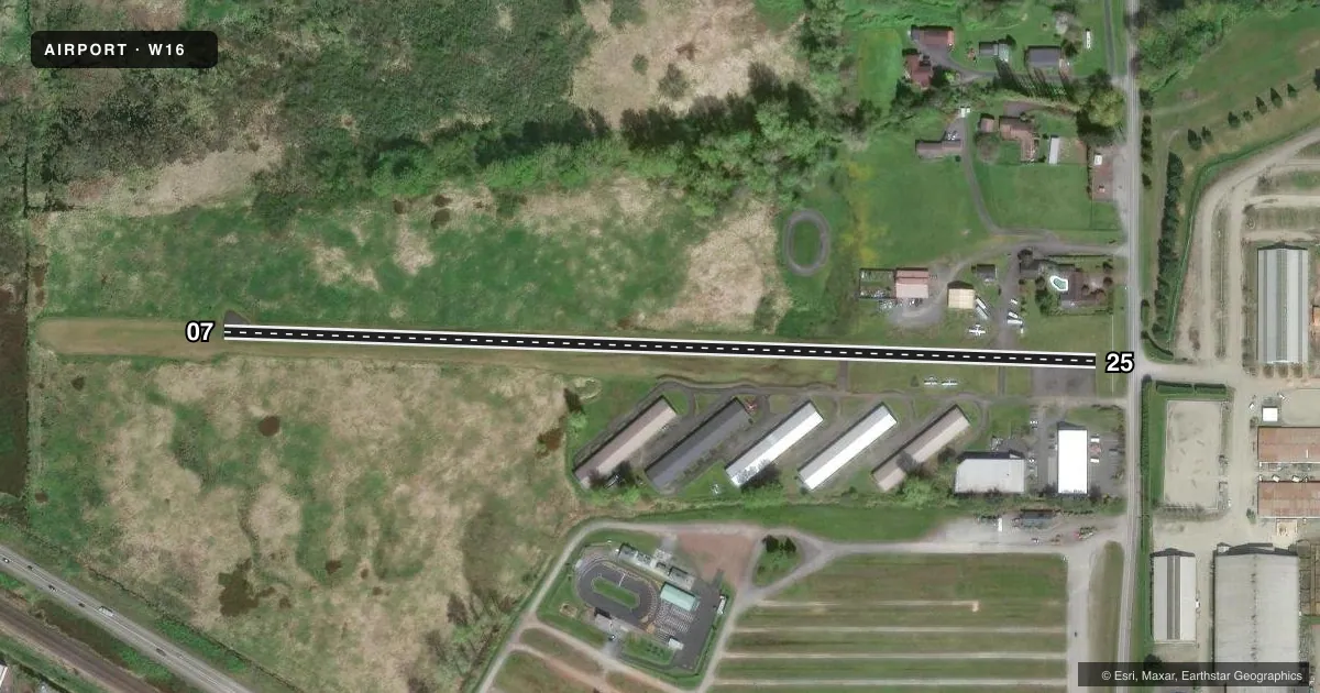 Top-down satellite sketch of W16 FIRST AIR FLD in MONROE, WASHINGTON, showing runways 07/25 drawn to scale over Esri World Imagery