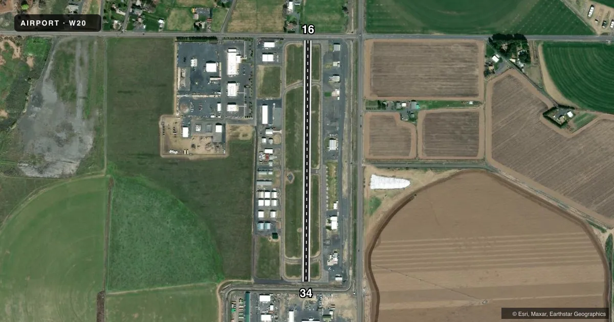 Top-down satellite sketch of W20 MOSES LAKE MUNI in MOSES LAKE, WASHINGTON, showing runways 16/34 drawn to scale over Esri World Imagery