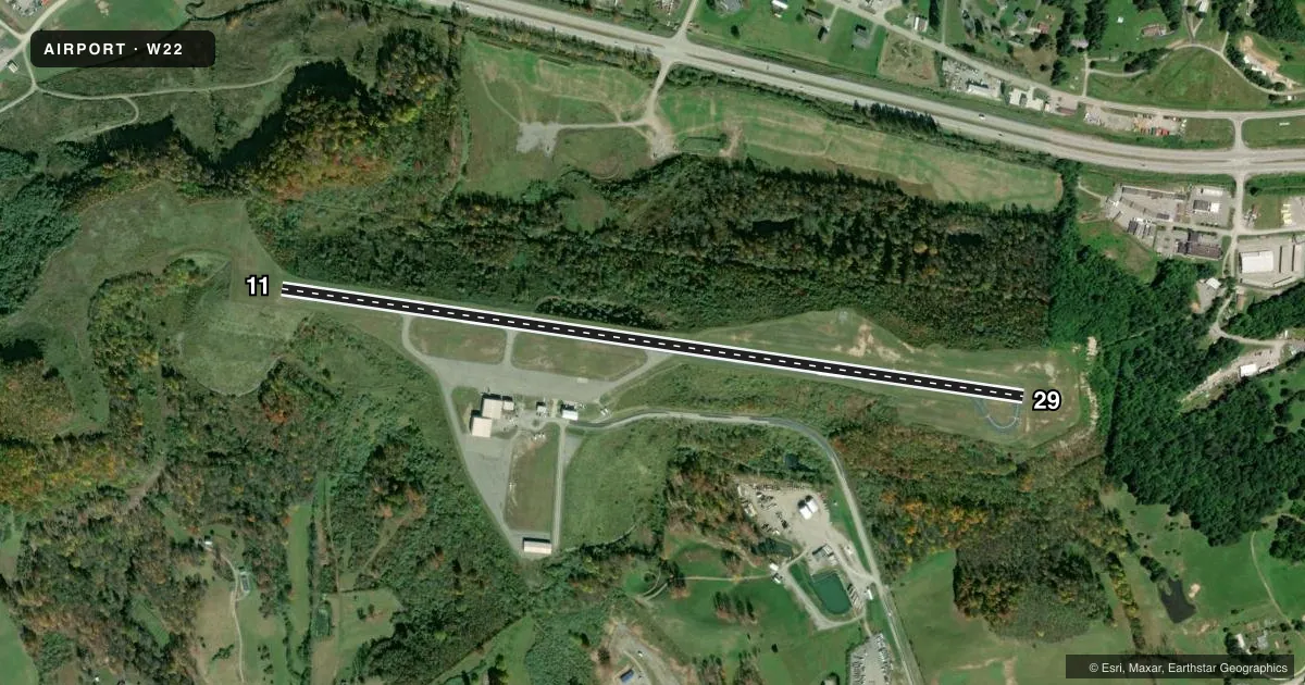 Top-down satellite sketch of W22 UPSHUR COUNTY RGNL in BUCKHANNON, WEST VIRGINIA, showing runways 11/29 drawn to scale over Esri World Imagery