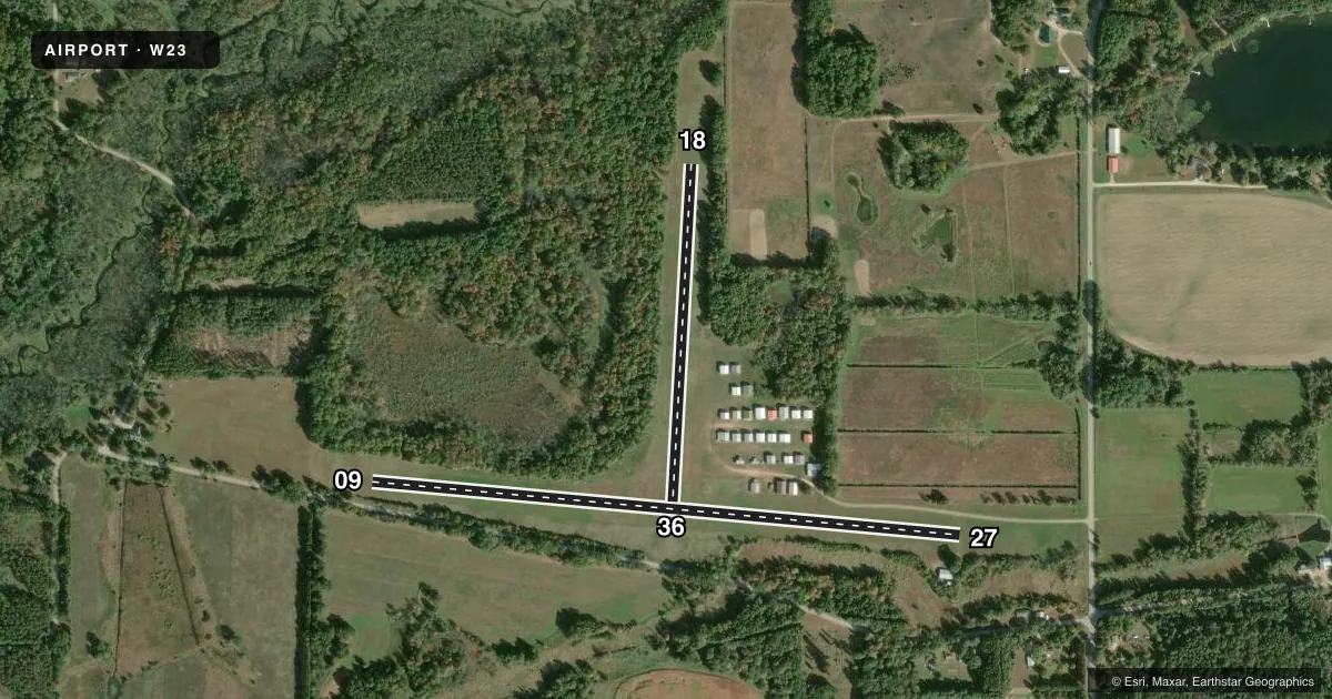 Top-down satellite sketch of W23 WILD ROSE IDLEWILD in WILD ROSE, WISCONSIN, showing runways 09/27, 18/36 drawn to scale over Esri World Imagery