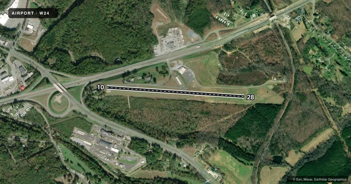 Top-down satellite sketch of W24 FALWELL in LYNCHBURG, VIRGINIA, showing runways 10/28 drawn to scale over Esri World Imagery