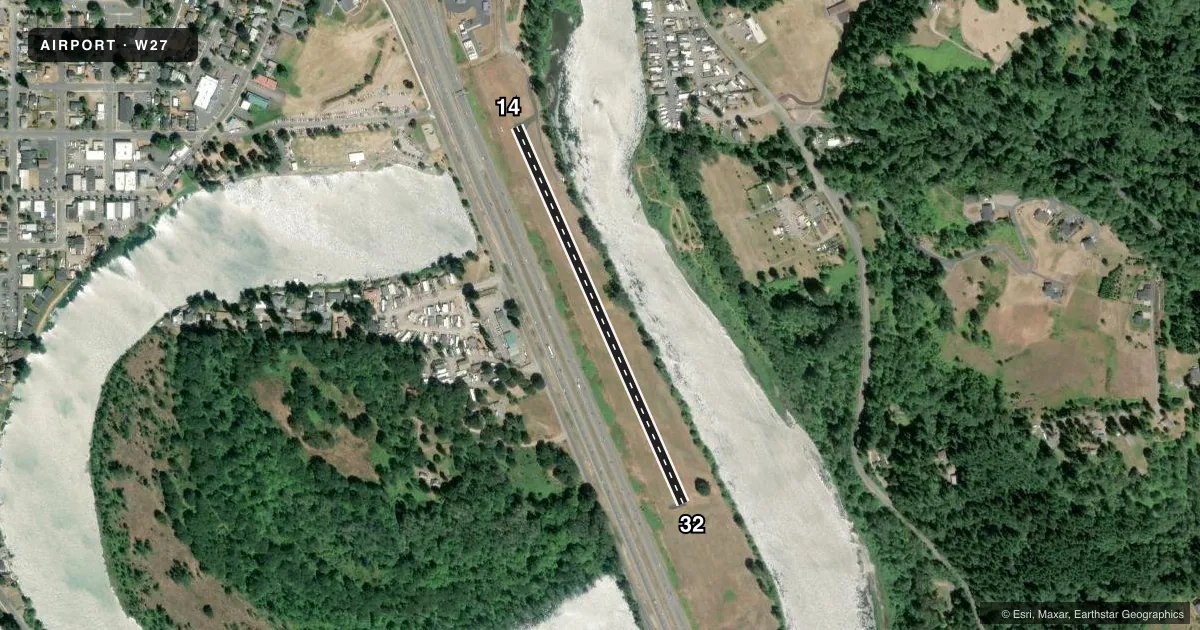 Top-down satellite sketch of W27 WOODLAND STATE in WOODLAND, WASHINGTON, showing runways 14/32 drawn to scale over Esri World Imagery