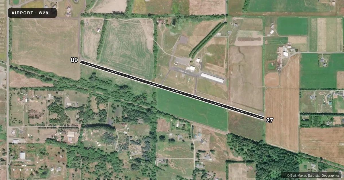 Top-down satellite sketch of W28 SEQUIM VALLEY in SEQUIM, WASHINGTON, showing runways 09/27 drawn to scale over Esri World Imagery