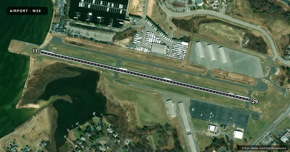 Top-down satellite sketch of W29 BAY BRIDGE in STEVENSVILLE, MARYLAND, showing runways 11/29 drawn to scale over Esri World Imagery