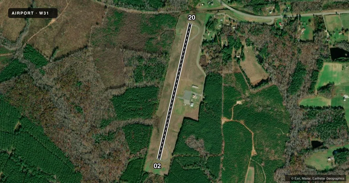 Top-down satellite sketch of W31 LUNENBURG COUNTY in KENBRIDGE, VIRGINIA, showing runways 02/20 drawn to scale over Esri World Imagery