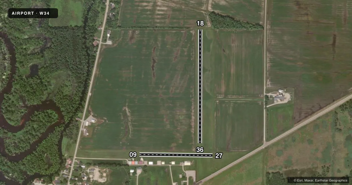 Top-down satellite sketch of W34 SHIOCTON in SHIOCTON, WISCONSIN, showing runways 18/36, 09/27 drawn to scale over Esri World Imagery