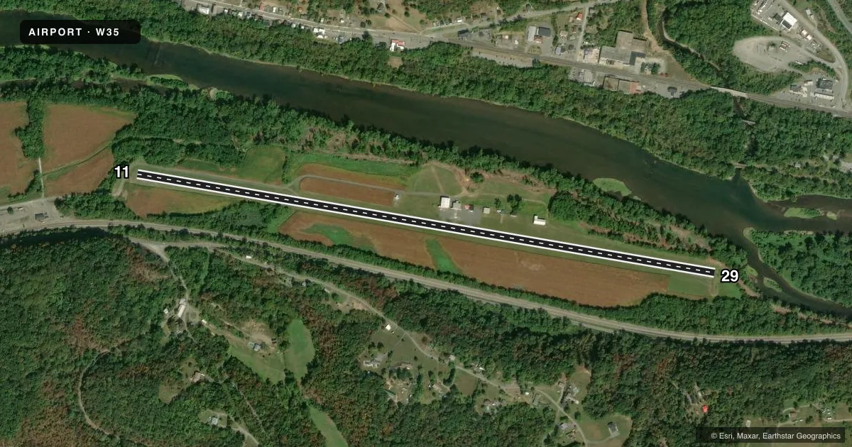 Top-down satellite sketch of W35 POTOMAC AIRPARK in BERKELEY SPRINGS, WEST VIRGINIA, showing runways 11/29 drawn to scale over Esri World Imagery