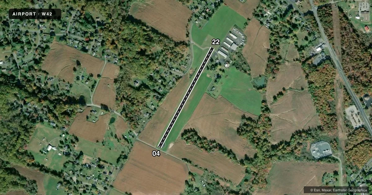 Top-down satellite sketch of W42 FALLSTON in FALLSTON, MARYLAND, showing runways 04/22 drawn to scale over Esri World Imagery