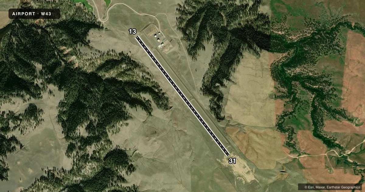 Top-down satellite sketch of W43 HULETT MUNI in HULETT, WYOMING, showing runways 13/31 drawn to scale over Esri World Imagery