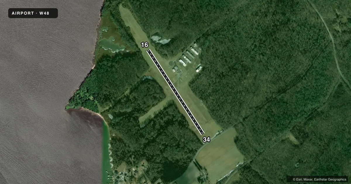Top-down satellite sketch of W48 ESSEX SKYPARK in BALTIMORE, MARYLAND, showing runways 16/34 drawn to scale over Esri World Imagery