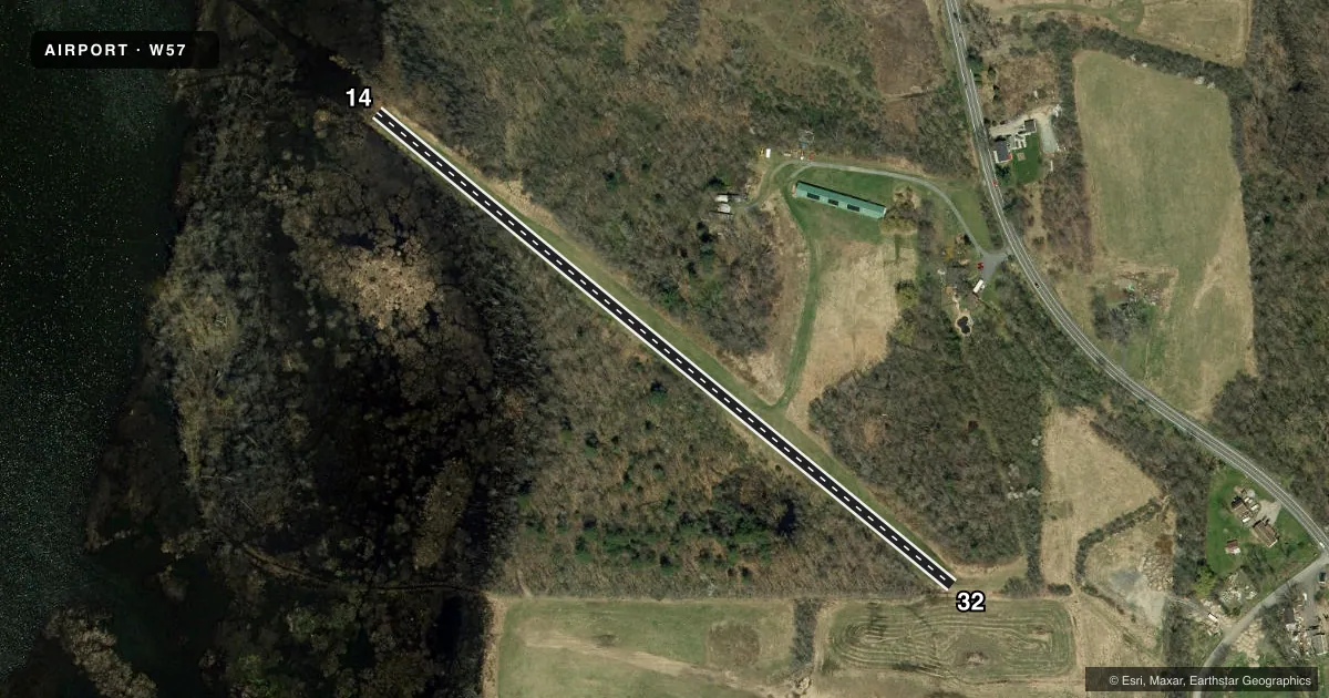 Top-down satellite sketch of W57 ROUND LAKE in ROUND LAKE, NEW YORK, showing runways 14/32 drawn to scale over Esri World Imagery