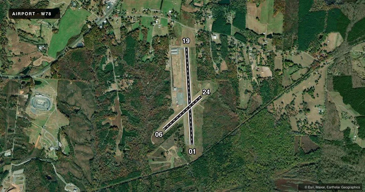 Top-down satellite sketch of W78 WILLIAM M TUCK in SOUTH BOSTON, VIRGINIA, showing runways 01/19, 06/24 drawn to scale over Esri World Imagery