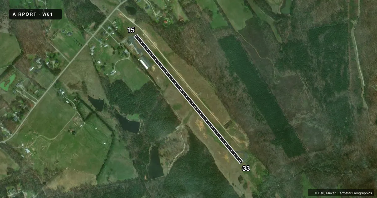 Top-down satellite sketch of W81 CREWE MUNI in CREWE, VIRGINIA, showing runways 15/33 drawn to scale over Esri World Imagery
