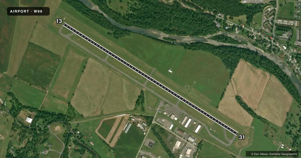 Top-down satellite sketch of W99 GRANT COUNTY in PETERSBURG, WEST VIRGINIA, showing runways 13/31 drawn to scale over Esri World Imagery