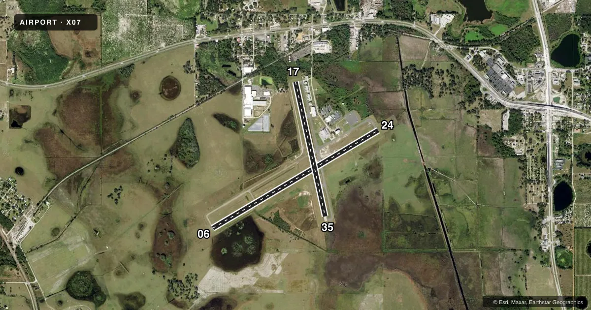 Top-down satellite sketch of X07 LAKE WALES MUNI in LAKE WALES, FLORIDA, showing runways 06/24, 17/35 drawn to scale over Esri World Imagery