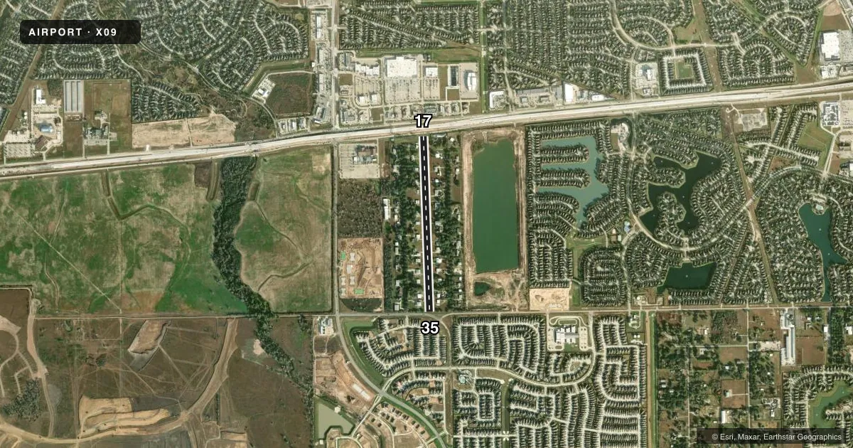 Top-down satellite sketch of X09 COVEY TRAILS in FULSHEAR, TEXAS, showing runways 17/35 drawn to scale over Esri World Imagery