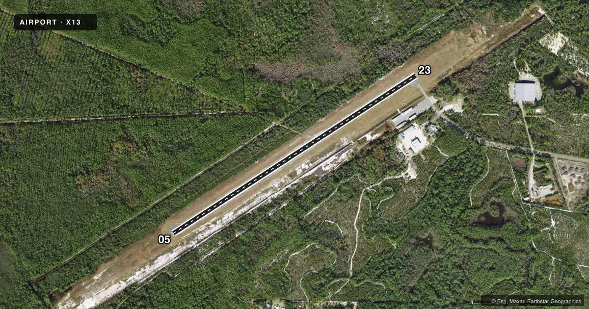 Top-down satellite sketch of X13 CARRABELLE-THOMPSON in CARRABELLE, FLORIDA, showing runways 05/23 drawn to scale over Esri World Imagery
