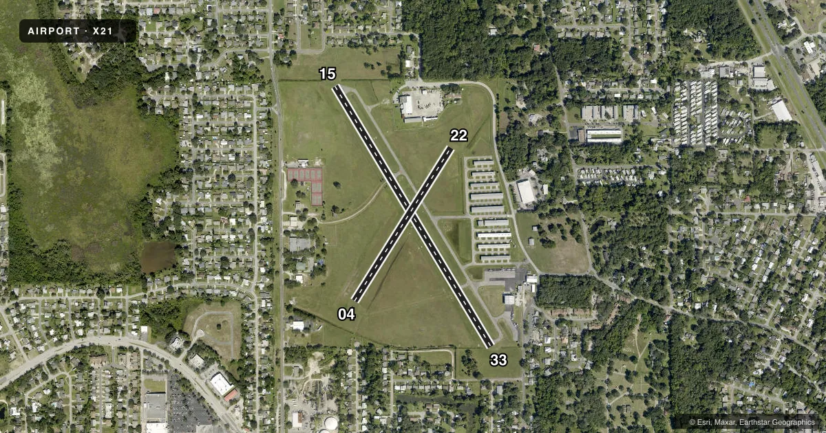 Top-down satellite sketch of X21 ARTHUR DUNN AIR PARK in TITUSVILLE, FLORIDA, showing runways 15/33, 04/22 drawn to scale over Esri World Imagery