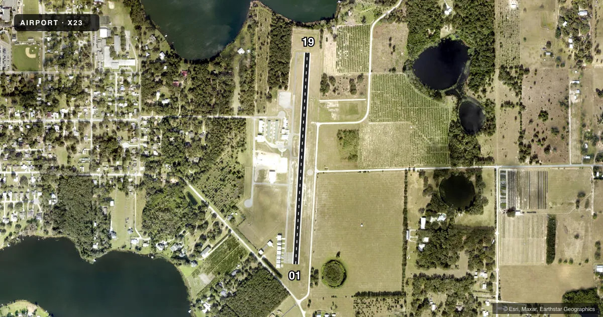 Top-down satellite sketch of X23 UMATILLA MUNI in UMATILLA, FLORIDA, showing runways 01/19 drawn to scale over Esri World Imagery