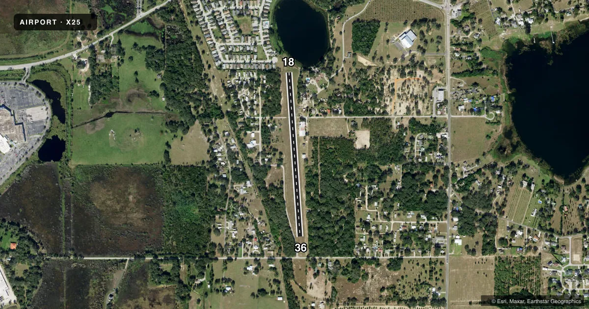 Top-down satellite sketch of X25 CHALET SUZANNE AIR STRIP in LAKE WALES, FLORIDA, showing runways 18/36 drawn to scale over Esri World Imagery