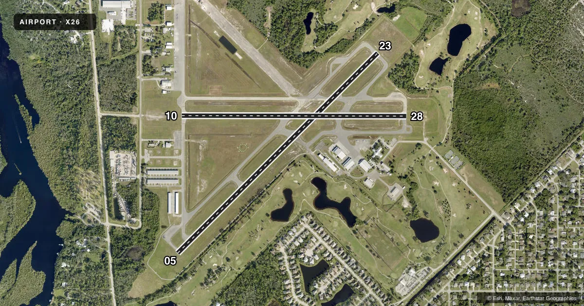 Top-down satellite sketch of X26 SEBASTIAN MUNI in SEBASTIAN, FLORIDA, showing runways 05/23, 10/28 drawn to scale over Esri World Imagery