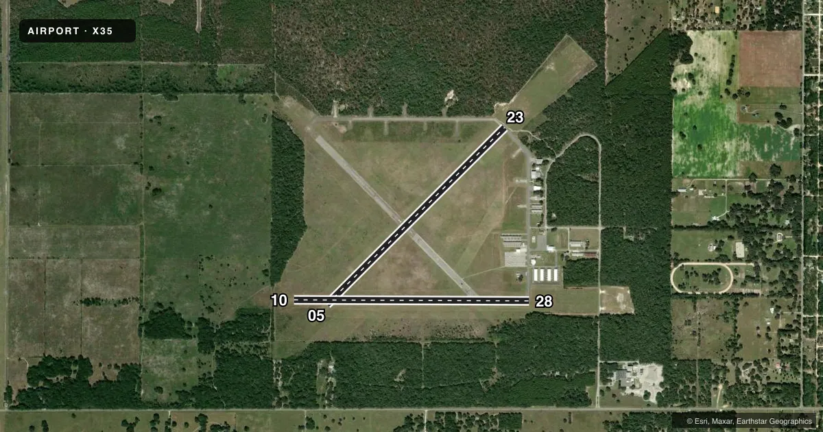 Top-down satellite sketch of X35 MARION COUNTY in DUNNELLON, FLORIDA, showing runways 05/23, 10/28 drawn to scale over Esri World Imagery