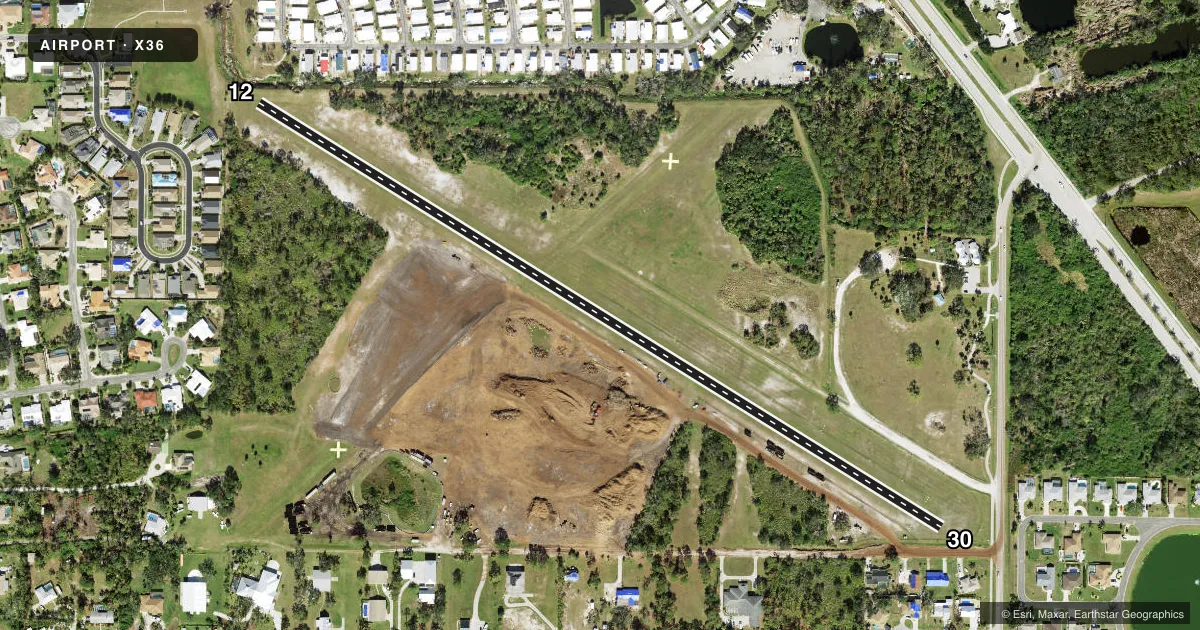 Top-down satellite sketch of X36 BUCHAN in ENGLEWOOD, FLORIDA, showing runways 12/30 drawn to scale over Esri World Imagery