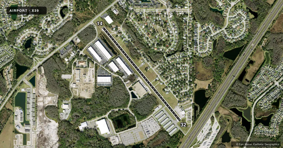 Top-down satellite sketch of X39 TAMPA NORTH AERO PARK in TAMPA, FLORIDA, showing runways 14/32 drawn to scale over Esri World Imagery