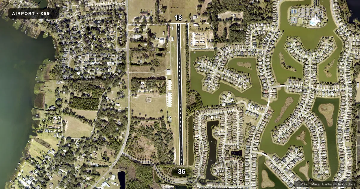 Top-down satellite sketch of X55 MID-FLORIDA in EUSTIS, FLORIDA, showing runways 18/36 drawn to scale over Esri World Imagery