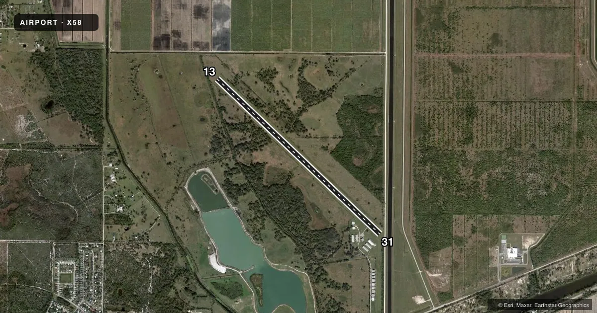 Top-down satellite sketch of X58 INDIANTOWN in INDIANTOWN, FLORIDA, showing runways 13/31 drawn to scale over Esri World Imagery