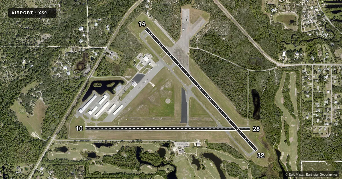 Top-down satellite sketch of X59 VALKARIA in VALKARIA, FLORIDA, showing runways 10/28, 14/32 drawn to scale over Esri World Imagery