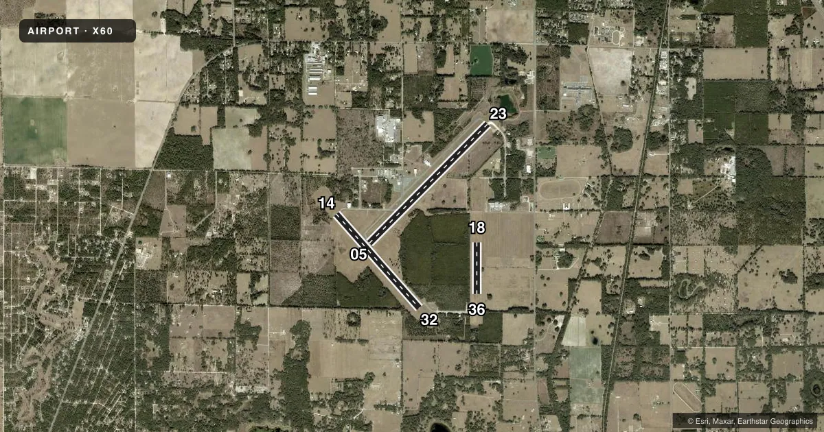 Top-down satellite sketch of X60 WILLISTON RGNL in WILLISTON, FLORIDA, showing runways 05/23, 14/32, 18/36 drawn to scale over Esri World Imagery