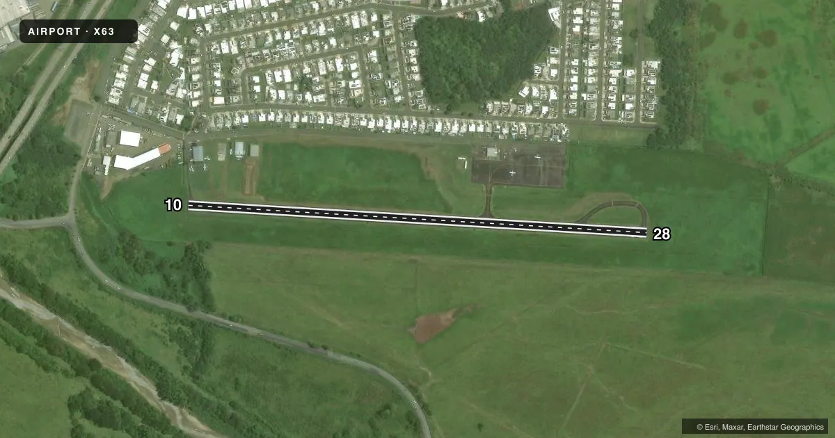Top-down satellite sketch of X63 DR HERMENEGILDO ORTIZ QUINONES in HUMACAO, PUERTO RICO, showing runways 10/28 drawn to scale over Esri World Imagery