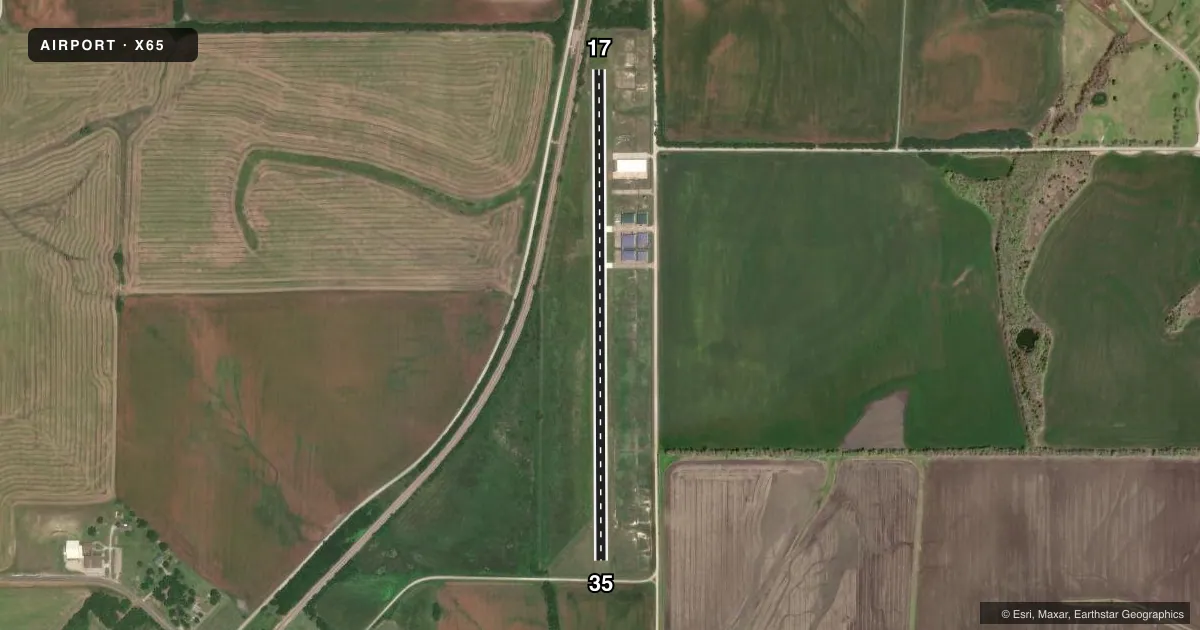 Top-down satellite sketch of X65 TXAEROSPORT AERODROME in DORCHESTER, TEXAS, showing runways 17/35 drawn to scale over Esri World Imagery