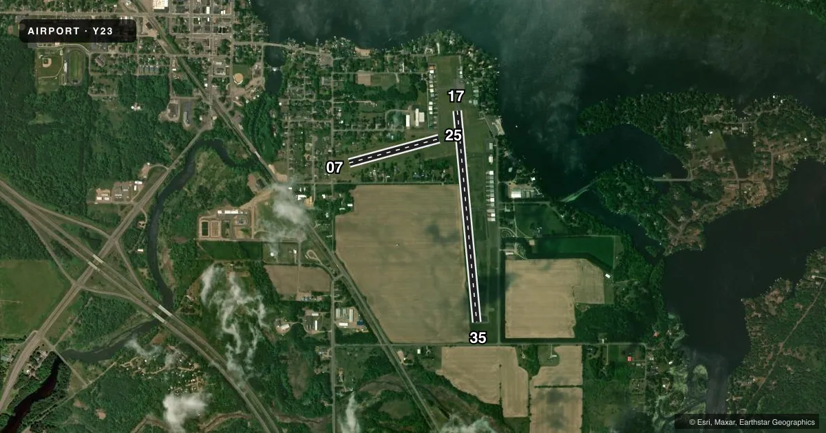 Top-down satellite sketch of Y23 CHETEK MUNI/SOUTHWORTH in CHETEK, WISCONSIN, showing runways 17/35, 07/25 drawn to scale over Esri World Imagery