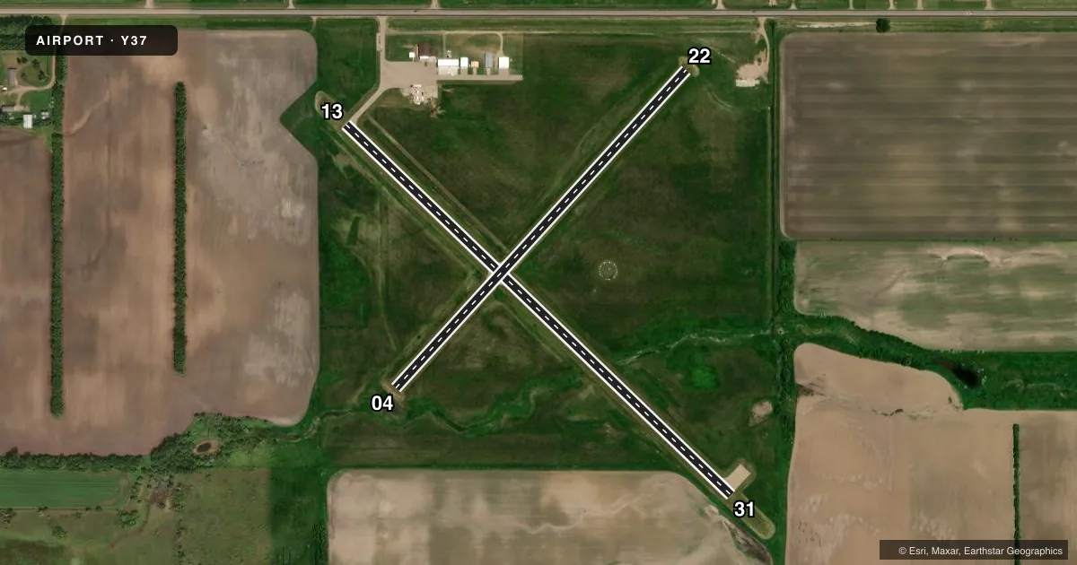 Top-down satellite sketch of Y37 PARK RIVER - W C SKJERVEN FLD in PARK RIVER, NORTH DAKOTA, showing runways 13/31, 04/22 drawn to scale over Esri World Imagery