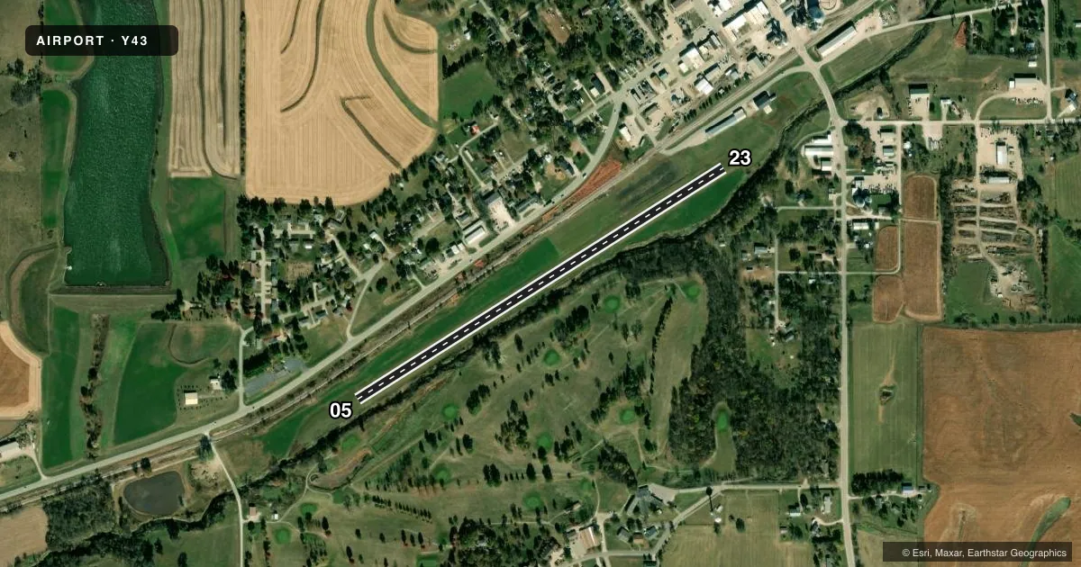 Top-down satellite sketch of Y43 ANITA MUNI-KEVIN BURKE MEML FLD in ANITA, IOWA, showing runways 05/23 drawn to scale over Esri World Imagery
