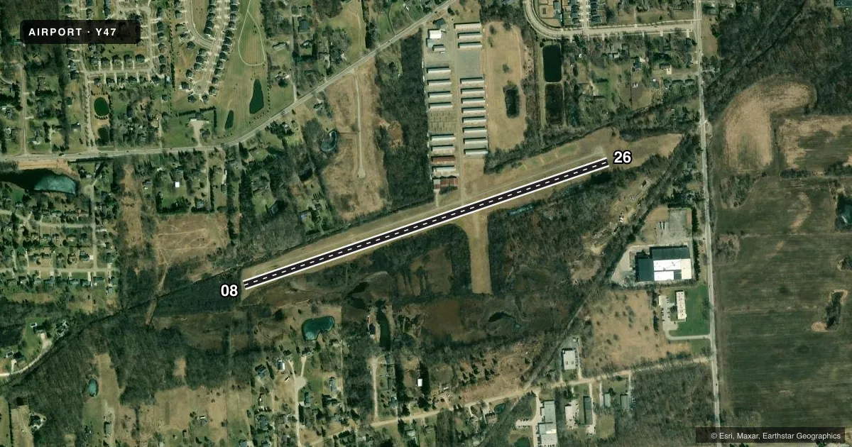 Top-down satellite sketch of Y47 OAKLAND SOUTHWEST in NEW HUDSON, MICHIGAN, showing runways 08/26 drawn to scale over Esri World Imagery