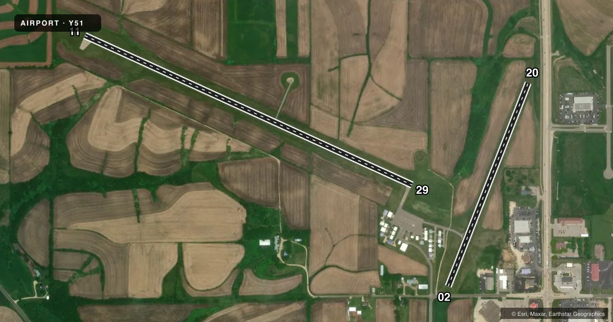 Top-down satellite sketch of Y51 VIROQUA MUNI in VIROQUA, WISCONSIN, showing runways 11/29, 02/20 drawn to scale over Esri World Imagery