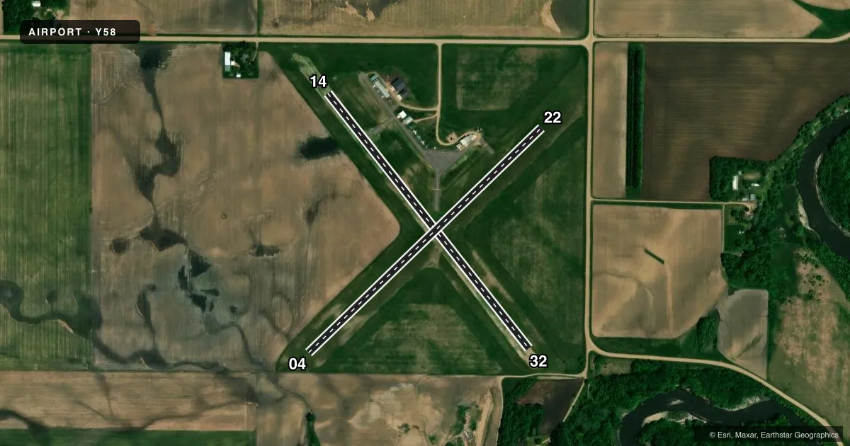 Top-down satellite sketch of Y58 SLEEPY EYE MUNI in SLEEPY EYE, MINNESOTA, showing runways 14/32, 04/22 drawn to scale over Esri World Imagery