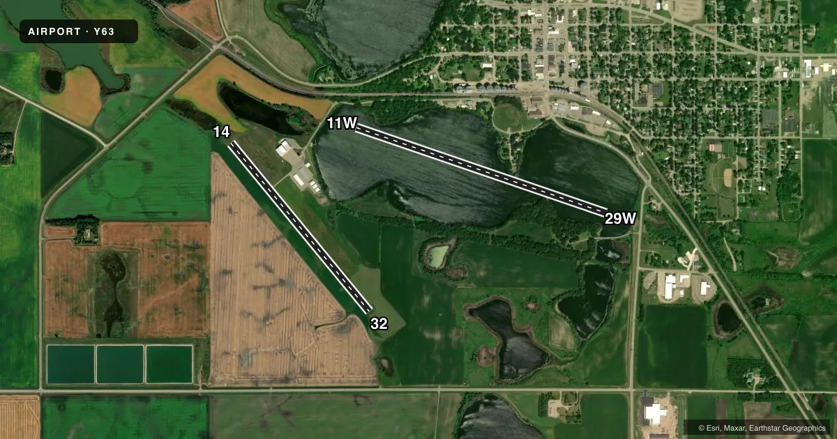 Top-down satellite sketch of Y63 ELBOW LAKE MUNI/PRIDE OF THE PRAIRIE in ELBOW LAKE, MINNESOTA, showing runways 11W/29W, 14/32 drawn to scale over Esri World Imagery