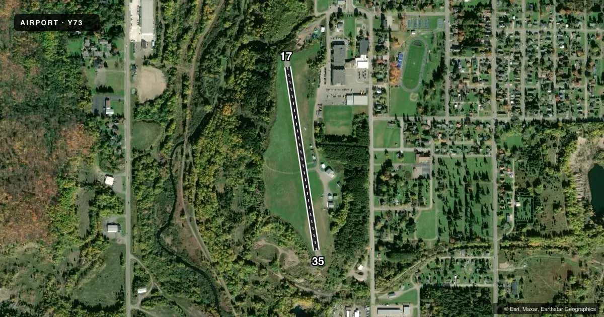 Top-down satellite sketch of Y73 STAMBAUGH in IRON RIVER, MICHIGAN, showing runways 17/35 drawn to scale over Esri World Imagery