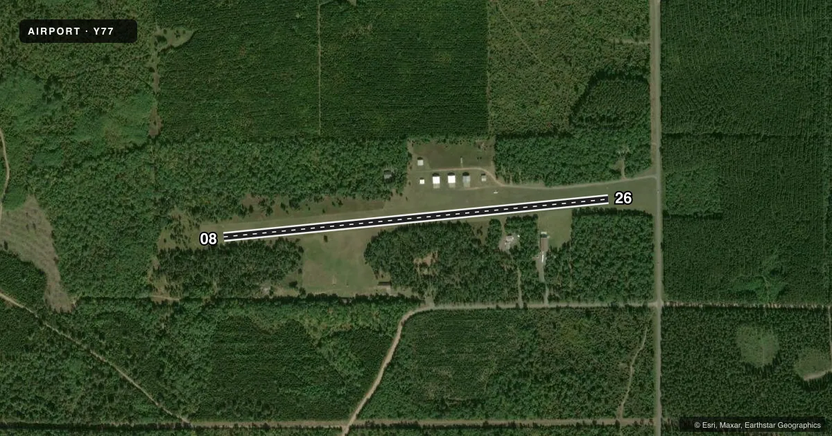Top-down satellite sketch of Y77 BAYFIELD COUNTY in IRON RIVER, WISCONSIN, showing runways 08/26 drawn to scale over Esri World Imagery