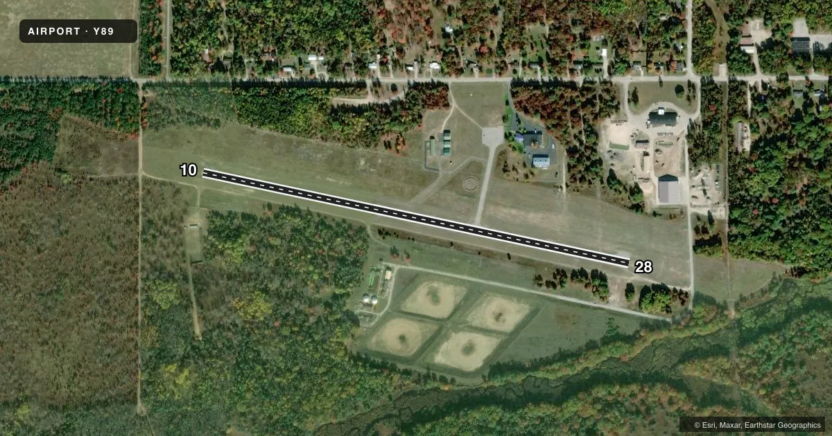 Top-down satellite sketch of Y89 KALKASKA CITY in KALKASKA, MICHIGAN, showing runways 10/28 drawn to scale over Esri World Imagery