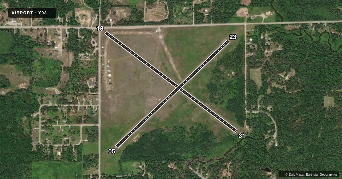 Top-down satellite sketch of Y93 ATLANTA MUNI in ATLANTA, MICHIGAN, showing runways 13/31, 05/23 drawn to scale over Esri World Imagery