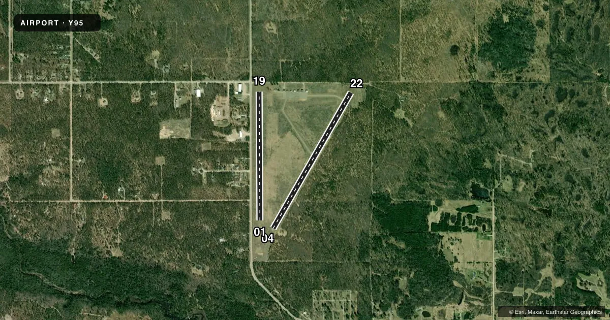 Top-down satellite sketch of Y95 HILLMAN in HILLMAN, MICHIGAN, showing runways 04/22, 01/19 drawn to scale over Esri World Imagery