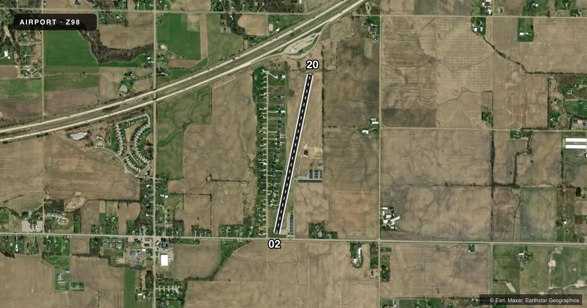 Top-down satellite sketch of Z98 OTTAWA EXEC in ZEELAND, MICHIGAN, showing runways 02/20 drawn to scale over Esri World Imagery